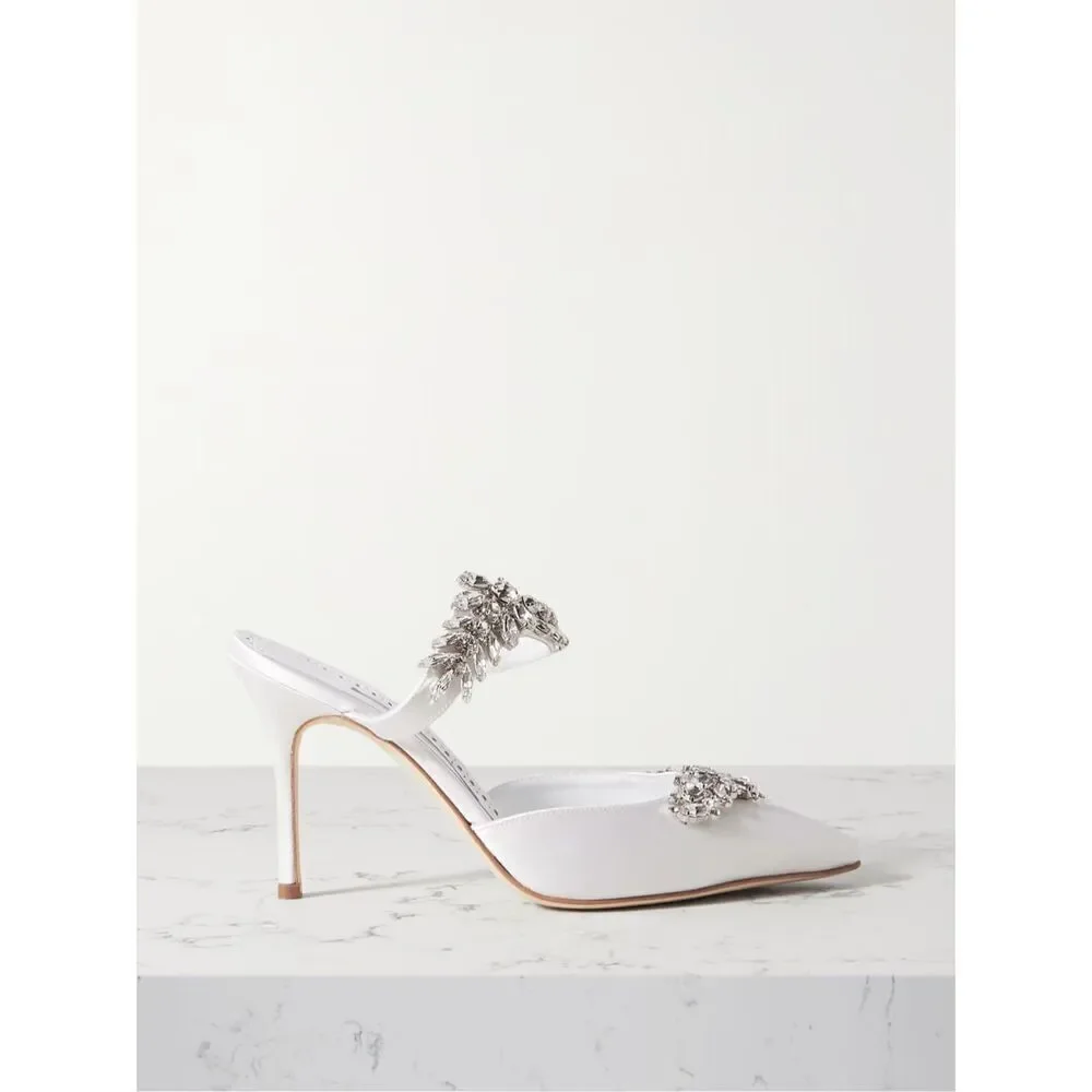 Manolo‎ Blahnik Lurum 90 Crystal-embellished White Satin Mules Heels Size 6.5